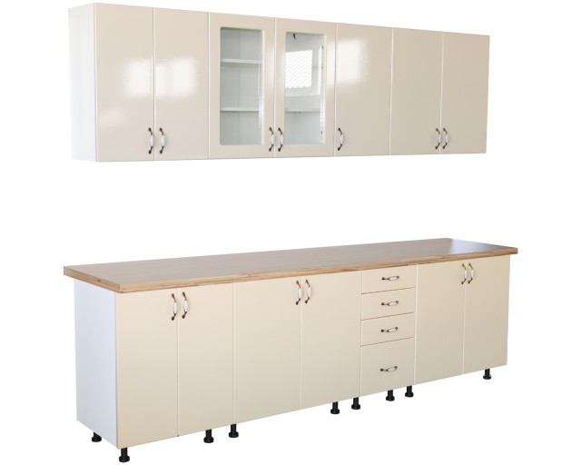 Bucatarie Zebra 260 cm din MDF Vanilie cu blat termoizolant crem